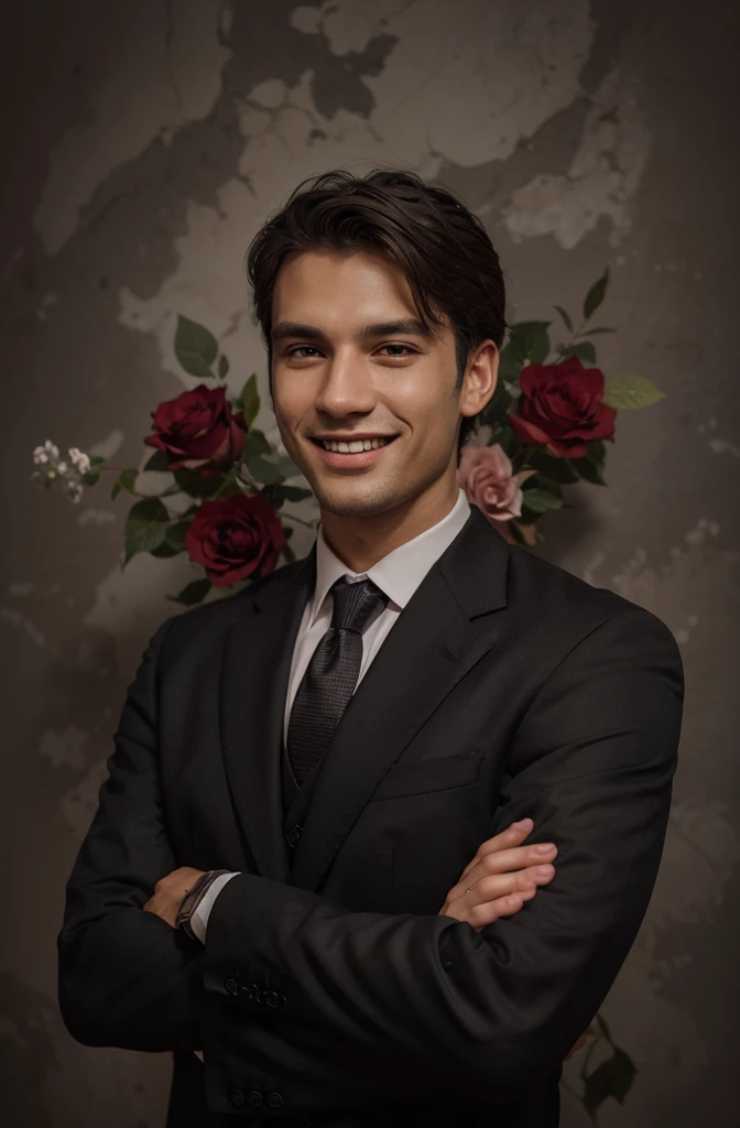 Frontal view , Portrait of man in black suit smiling , Old Rose color background editorial style highdefinition ultrarealistic details in the style of portrait photography