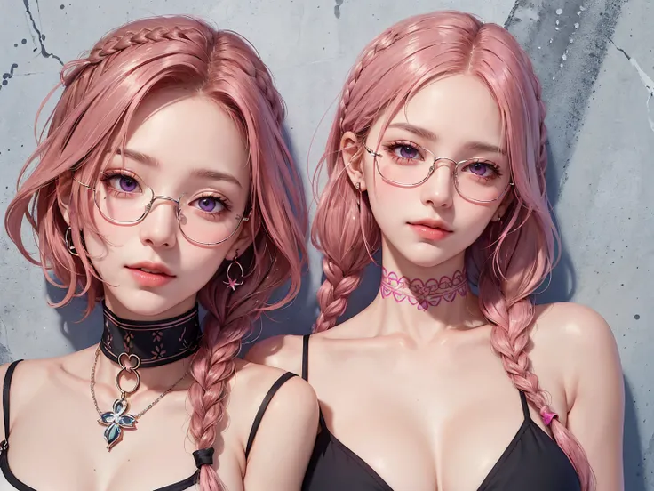 (Masterpiece, best quality, 1 girl, alone, complicated details, Chromatic aberration), realistic, ((Moderate breath)),long hair, pink hair, Red headpiece, Pink Highlights, hair on one eye,purple eyes, earring, sharp eyes, choker, Neon coat, She wears a col...