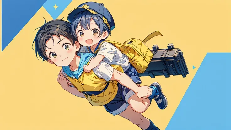 Chibi no Boy、(((Highest quality、Masterpiece、Official Art、The best dynamic composition)))、Anime Style、Very detailed、8K high resolution、The boy is carrying a rectangular yellow bag over his shoulder.、Navy blue sailor suit and navy blue shorts、White socks、Dia...