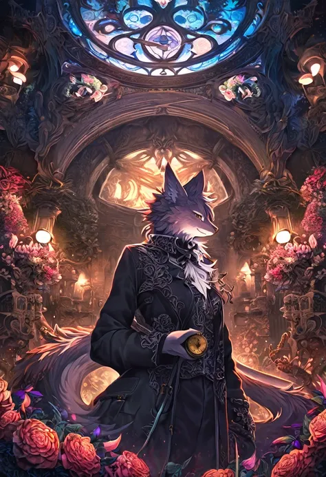 e621(best quality, high resolution, ultra-detailed)silhouett(kemono, furry anthro)holding striking pocket watch, surrounded by flowers, snakes and darkness, illustrative rendering, intricate details, mysterious atmosphere, vibrant colors, dynamic lighting ...