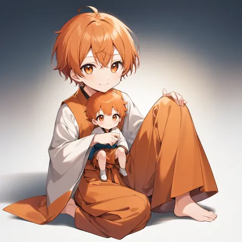 Orange Hair, Orange eyes,short hair,smile, a bit,maleの子One person,a bitキャラ,anime,whole body,mini,male,小さいmaleの子,a bitお漏らし ,Hakama,Sitting,One person