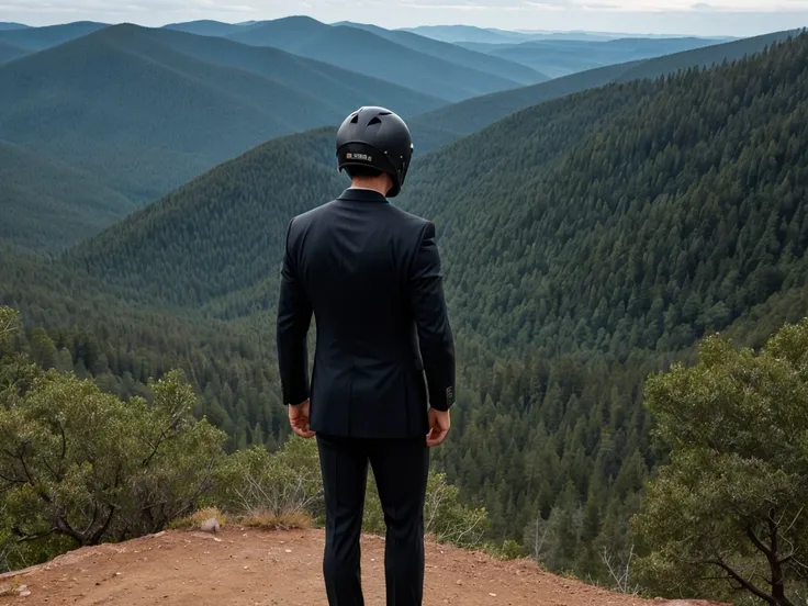 a luxury sales suit man wearing a black rider full-face helmet overlooking wilderness,full body,standard rider black full face h...