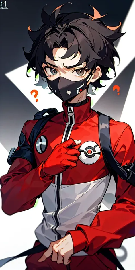 16 Year old guy, short black hair, full face mask with black question mark symbol, light skin, rock type pokemon trainer, Pokemon trainer outfit, dark red outfit