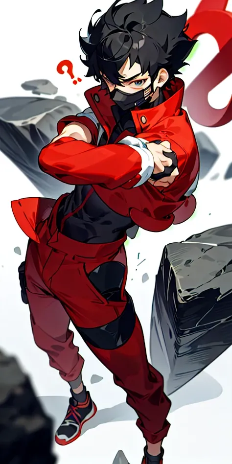 16 Year old guy, short black hair, full face mask with black question mark symbol, light skin, rock type pokemon trainer, Pokemon trainer outfit, dark red outfit