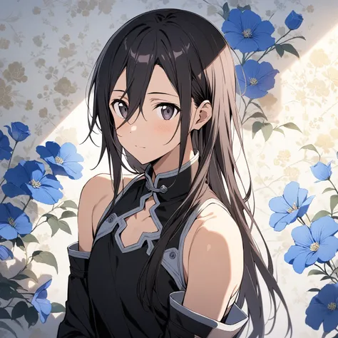 masterpiece,best quality,1 boy, male focus, kirito (Sao-ggo), Sword Art Online,very beautiful,Chinese style,Guild clothing,Oriental wallpaper,flower,blue tint,Natural light,soft light，White background，shadow,black hair,The character is in the middle of the...