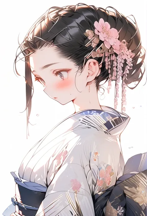 Full body, wearing a slightly revealing floral yukata, beautiful glossy black obi, masterpiece, hot and languid expression, slightly sweaty, 8K quality, black hair, bangs down in a slicked back bun, hair pulled back in a bun, flower hair ornament, cute fli...