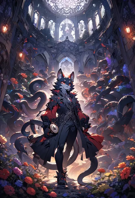 e621(best quality, high resolution, ultra-detailed)silhouett(kemono, furry anthro)holding striking pocket watch, surrounded by flowers, snakes and darkness, illustrative rendering, intricate details, mysterious atmosphere, vibrant colors, dynamic lighting ...