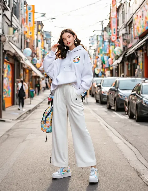 
A stunning young woman with dark brunette hair styled in loose waves, highlighting her oval face shape, dressed in a vibrant and youthful Korean-inspired outfit. She wears a colorful, oversized hoodie with cute cartoon prints, paired with high-waisted whi...