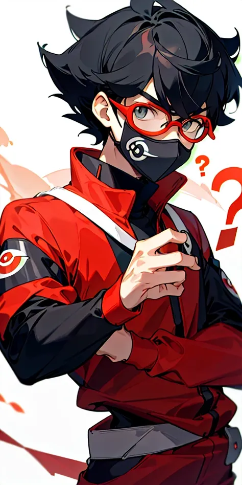 16 Year old guy, short black hair, full face mask with black question mark symbol, light skin, rock type pokemon trainer, Pokemon trainer outfit, dark red outfit, rectangle glasses 