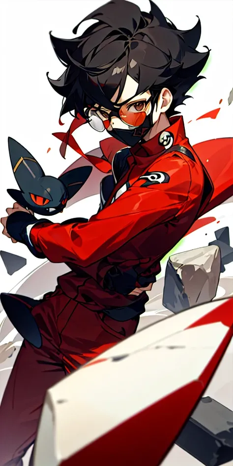 16 Year old guy, short black hair, full face mask with black question mark symbol, light skin, rock type pokemon trainer, Pokemon trainer outfit, dark red outfit, rectangle glasses 