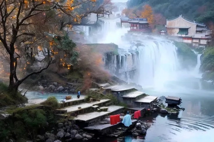 People wash clothes in the river next to the waterfall, A beautiful, 一个beautiful, China Village, Stunning visuals, Beautiful images, Sichuan, Guangjian, beautiful, beautiful女士, Beautiful aesthetic, Stunning sight, Dreamy Chinatown, qiangshu, Mist over wate...