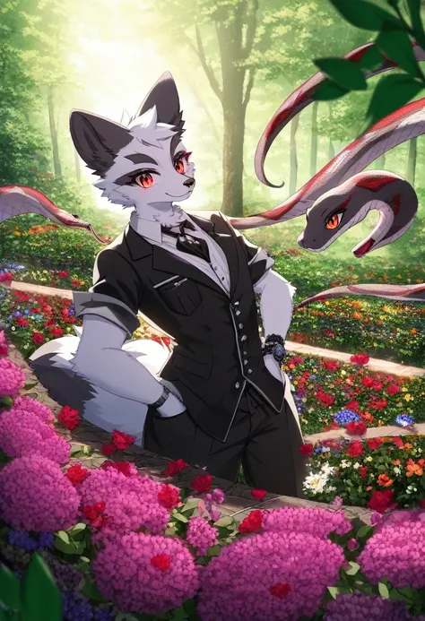 e621(best quality, high resolution, ultra-detailed)silhouett(kemono, furry anthro)holding striking pocket watch, surrounded by flowers, snakes and darkness, illustrative rendering, intricate details, mysterious atmosphere, vibrant colors, dynamic lighting ...