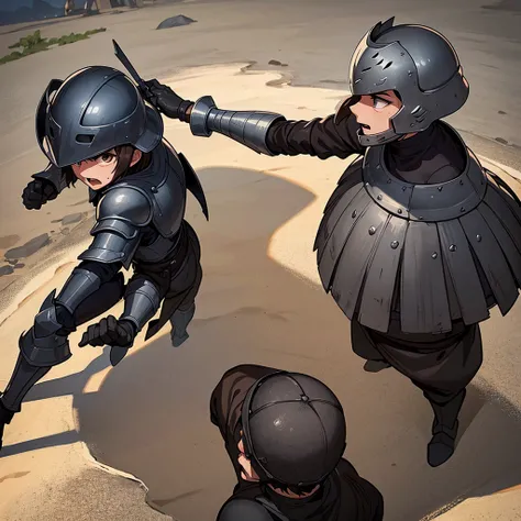 Best illustrations、Best Quality、(have a round shield)、(((Simple grey armor、Black trousers、Black gloves、Short Hair、Brown Hair、20 year old man、Iron Helmet、Iron helmet)))、(((Fighting Pose)))、(Old ruins、desert。Grass)、(Black, muddy swamp)、(Medieval Knight)、(Clo...