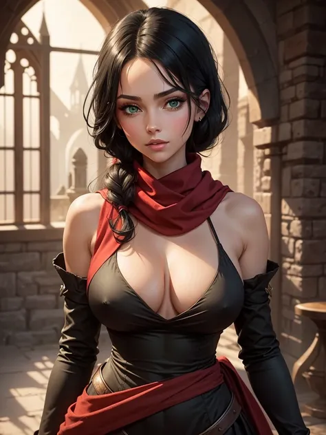 medieval setting, full view of body, 1 skinny female with large breast, beatiful smokey green eyes, black hair pinned up, shoulder free beautiful dress, red scarf around her neck