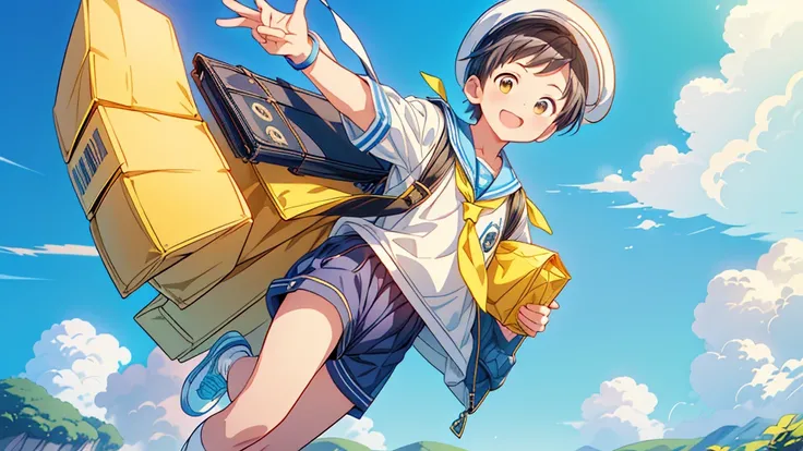 Chibi no Boy、(((Highest quality、Masterpiece、Official Art、The best dynamic composition)))、Anime Style、Very detailed、8K high resolution、The boy is carrying a rectangular yellow bag over his shoulder.、Navy blue sailor suit and navy blue shorts、White socks、Dia...