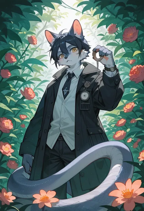 e621(best quality, high resolution, ultra-detailed)silhouett(kemono, furry anthro)holding striking pocket watch, surrounded by flowers, snakes and darkness, illustrative rendering, intricate details, mysterious atmosphere, vibrant colors, dynamic lighting ...