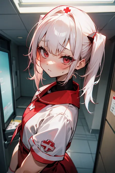 Short white hair, blush, nurse、Punk Fashion、Headbang 2.、Red clothes、Twin tails、sharp、(Inside the hospital)