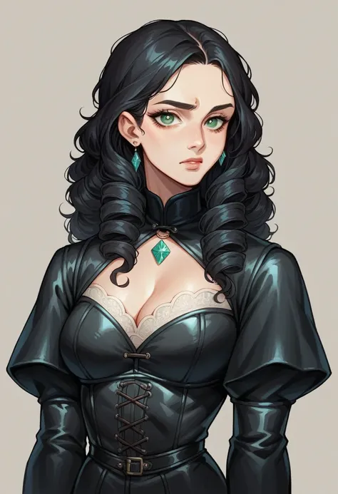 a 25 year old girl, curly and black hair, greeneyes, clear skin and diamond face, wearing a medieval black leather outfit with arrogant posture 