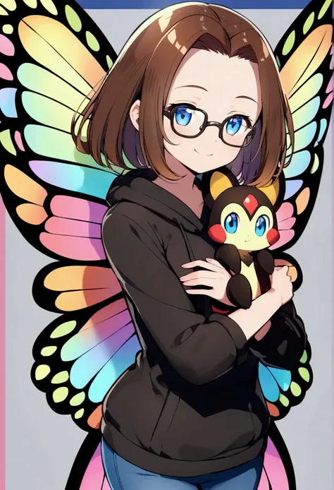 Alone, one person, anime woman (shoulder-length brown hair, blue eyes, black hoodie, jeans, dark-framed glasses, clear forehead, smiling, with shimmering colorful butterfly wings). Holds a cute  fantasy creature in her arms like Pokemon.