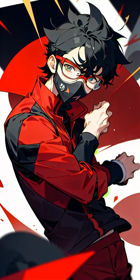 16 Year old boy, short black hair, full face mask with black question mark symbol, light skin, rock type pokemon trainer, Pokemon trainer outfit, dark red outfit, black rectangle glasses 