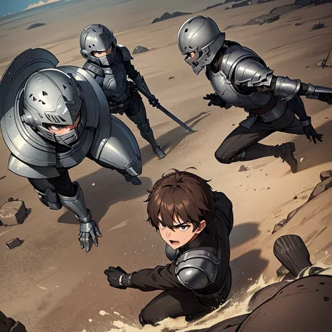 Best illustrations、Best Quality、(have a round shield)、(((Simple grey armor、Black trousers、Black gloves、Short Hair、Brown Hair、20 year old man、Iron Helmet、Iron helmet)))、(((Fighting Pose)))、(Old ruins、desert。Grass)、(Black, muddy swamp)、(Medieval Knight)、(Clo...