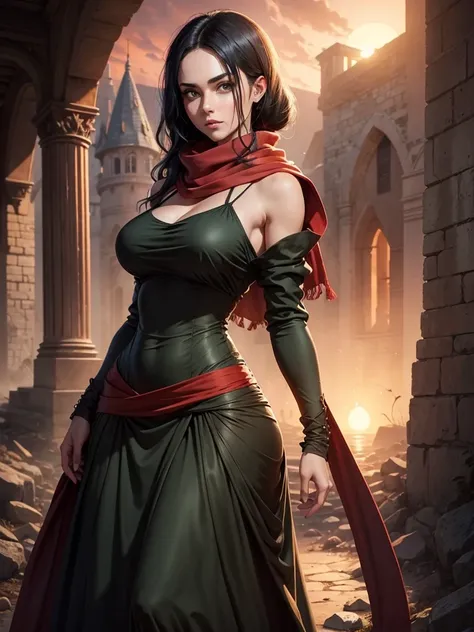 medieval setting, full view of body, 1 skinny female with large breast, beatiful smokey green eyes, black hair pinned up, shoulder free beautiful dress, red scarf around her neck, eerie sunset