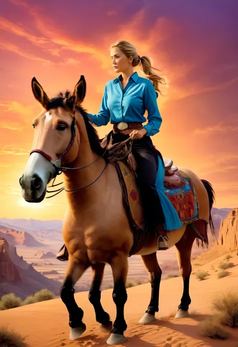 aan oil painting of woman cowboy riding a horse on the desert mountain at sunset, watching the desert canyon, an exquisite beaut...