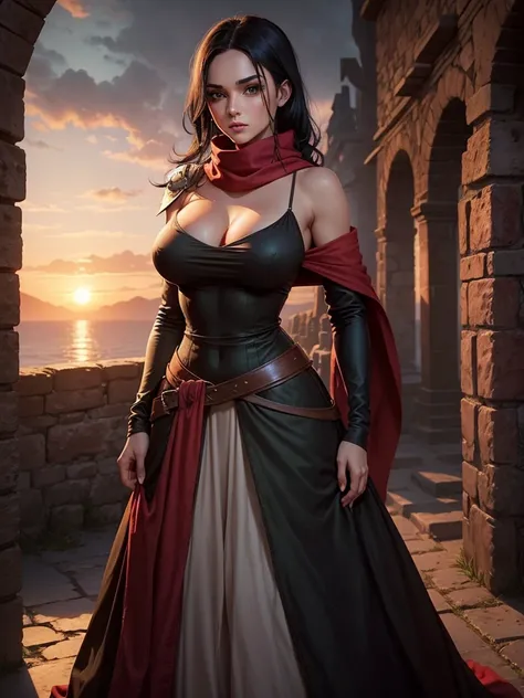 medieval setting, full view of body, 1 skinny female with large breast, beatiful smokey green eyes, black hair pinned up, shoulder free beautiful dress, red scarf around her neck, eerie sunset