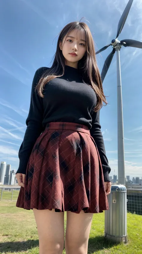 1 giantess standing above the city，Graceful figure，1 girl, from_below,big deal_breast, long_sleeve, outdoor, , shooting, Plaid, Plaid_skirt, strength_Lines, School_, skirt, Sky, alone, underwear, upskirt, Utilities_No, wind_turbine,realistic art,(emphasize...