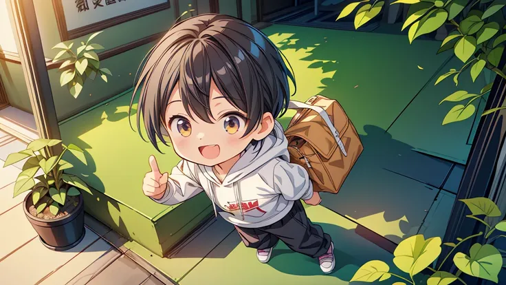 Chibi no Boy、(((Highest quality、Masterpiece、Official Art、The best dynamic composition)))、Anime Style、Very detailed、8K high resolution、Primary school students６The year-old boy is carrying a black school bag、Wearing a hoodie and long pants、In her hands she h...