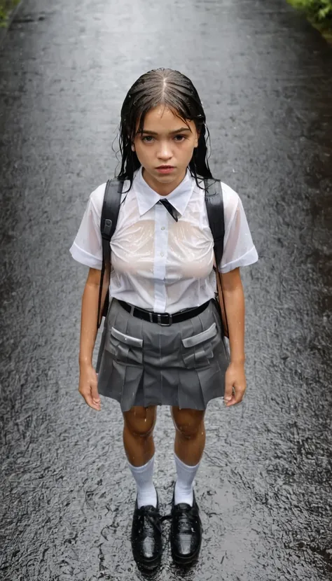 aerial shot. pouring rain. a 17 yo girl with long way black hair looking up at the camera above her. she is wearing a plain whit...