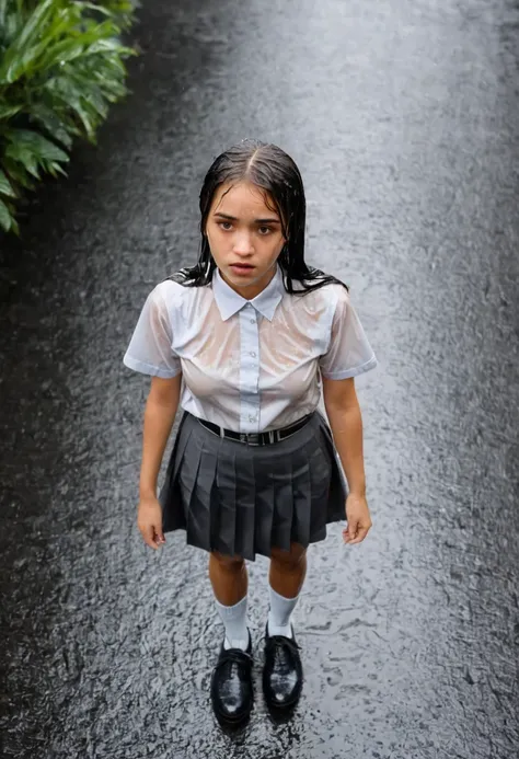 aerial shot. pouring rain. a 17 yo girl with long way black hair looking up at the camera above her. she is wearing a plain whit...