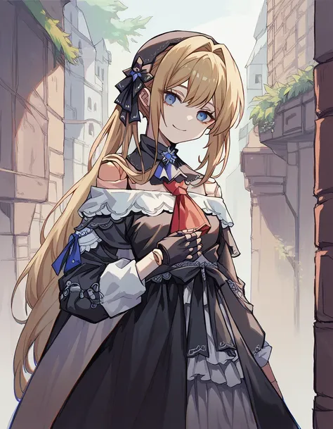 score_9, score_8_up, score_7_up, 1 girl, hsrherta, doll joints, (blonde ponytail hair, blue eyes), skinny, black robe, capelet, red ascot, fingerless gloves, smiling, posing, looking at viewer, small breasts, victorian alley, mist