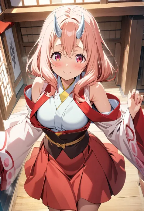 1girl, shuna(tensei shitara slime datta ken), tensei shitara slime datta ken,Two horns growing out of the forehead,bangs,red eyes,shrine maiden outfit,longsleeve,covered shoulders,kimono sleeves,red skirt,room,gentle,lovely smile,masterpiece, best quality,...