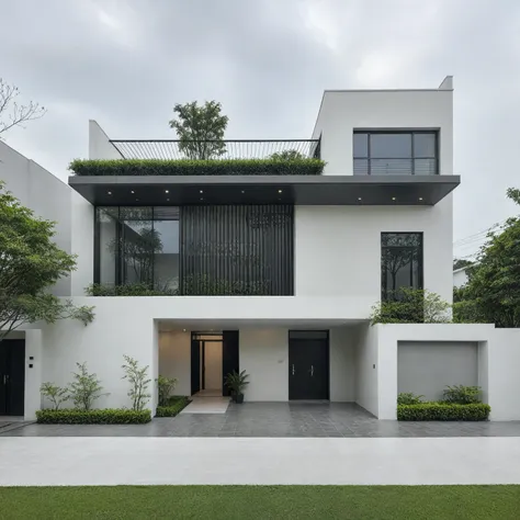 raw photo, a photo of a modern house, (curvilinear chrchitecture:1.4), wabisabi style rounded wall, white wall, steel dark gate,...