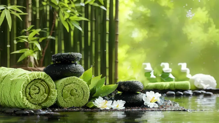 towels and soap are stacked on mats made of bamboo sticks, paradise garden massage, zen nature background, spa, quiet environmen...