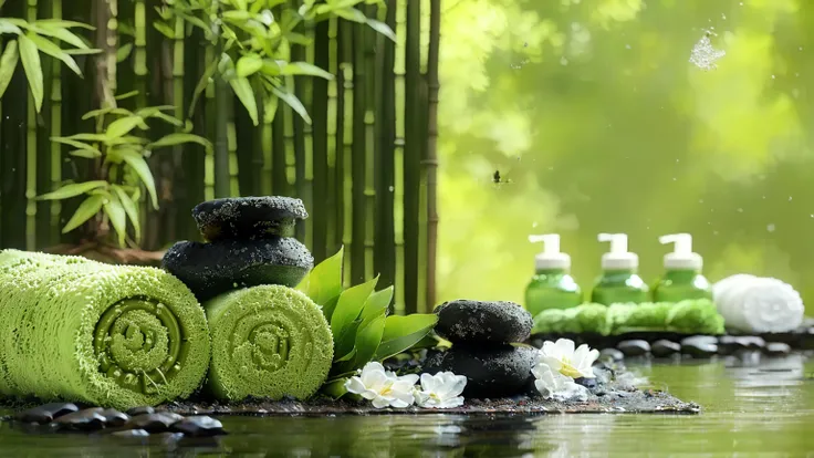 towels and soap are stacked on mats made of bamboo sticks, paradise garden massage, zen nature background, spa, quiet environmen...