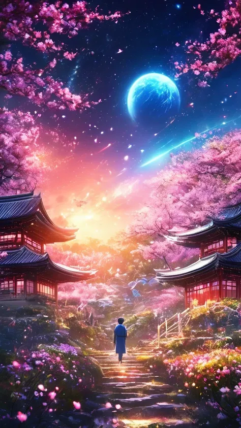 masterpiece, concept art, panorama, in the center, figure, wide shot, flower garden, night, (Meteors), Space galaxy background, (magnificent composition, epic proportions), dynamic lighting, Bright colors, cherry blossoms,