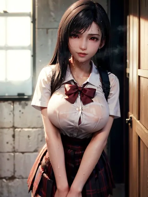 (masterpiece, best quality:1.2), in the bath , school girl wet white clothes, Soaking wet, dripping wet, wet hair, wet skin, translucent, glistening with oil , dishevelled , solo, 1girl, school girl uniform , steam , plaid skirt , pleated skirt , The shirt...