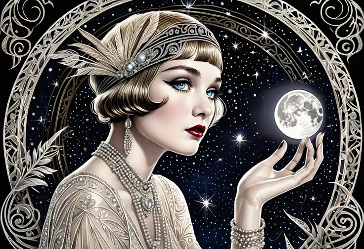 new moon in scorpio, symbolism, surreal, hand drawn masterpiece, 32k, stunning detailed, cinematic, mystic light, very intricate detailed, image is soul touching and delightful, fashion, alive vibe, photorealistic, in style flapper great gatsby 1930s, fili...