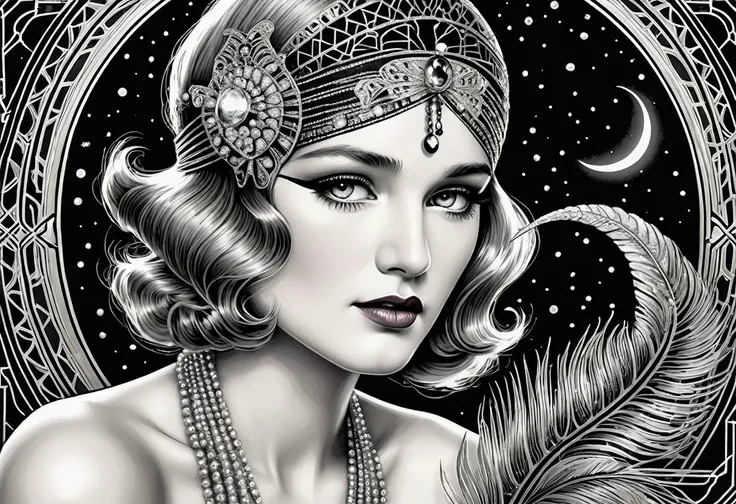 new moon in scorpio, symbolism, surreal, hand drawn masterpiece, 32k, stunning detailed, cinematic, mystic light, very intricate detailed, image is soul touching and delightful, fashion, alive vibe, photorealistic, in style flapper great gatsby 1930s, fili...