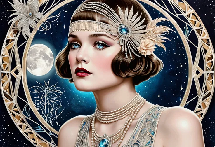 new moon in scorpio, symbolism, surreal, hand drawn masterpiece, 32k, stunning detailed, cinematic, mystic light, very intricate detailed, image is soul touching and delightful, fashion, alive vibe, photorealistic, in style flapper great gatsby 1930s, fili...