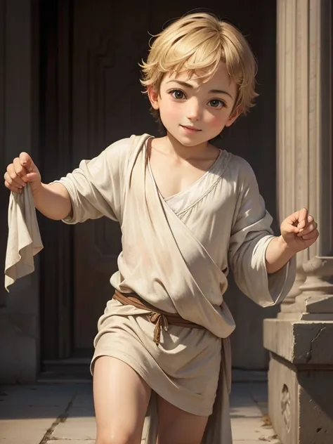 a 7 year old greek boy, short blonde hair, cute smiling face, ancient greek outfit, classical greek culture