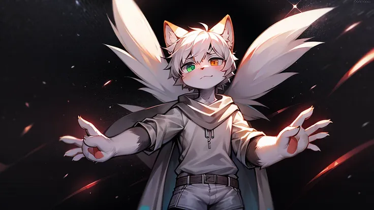 The background is a black hole，The background occupies most of the picture，Vision，Male cats，Pure white hair，Wearing a white cape，Firm eyes，Look straight ahead，Frowning，Heterochromia，hairy，Pure white hands，White coat，Off-white shorts，Casual wear，Open hands，...