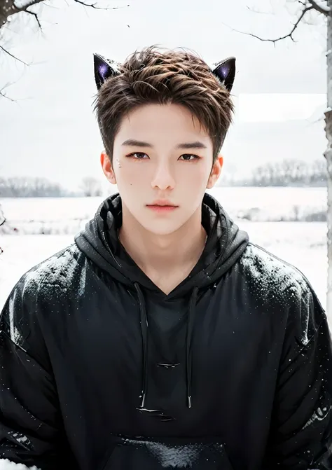 a handsome boy in a torn black hoodie, wolf ear cosplay, snow landscape, kpopboyband, detailed facial features, highly detailed,...