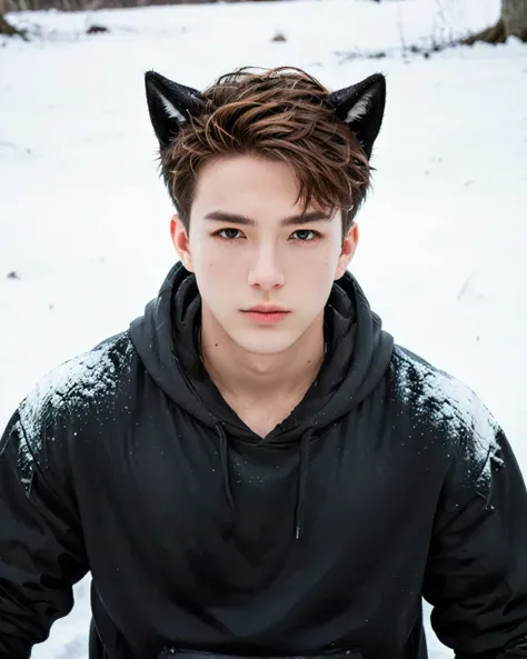 a handsome boy in a torn black hoodie, wolf ear cosplay, snow landscape, kpopboyband, detailed facial features, highly detailed,...