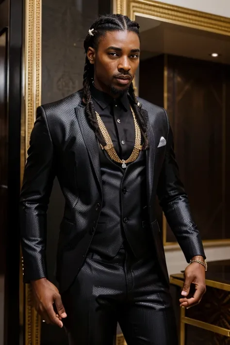 Rich black wedding , black man with thin braids flowing back wearing shiny black Elegant African design wedding suit and shiny shirt with African feel, goatee, intricate details, detailed background, depth of field, photo of a handsome black man, l4tex4rmo...