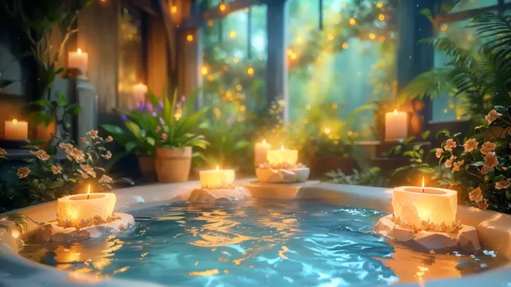 candles lit in a hot tub filled with water and plants, relaxing concept art, relaxing environment, relaxed atmosphere, unreal en...