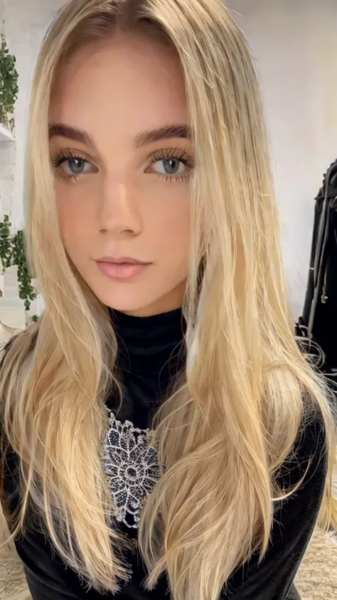 a 23 year old blonde woman, busty, ((hyperrealismus)) , wearing black tight mochneck longsleeve