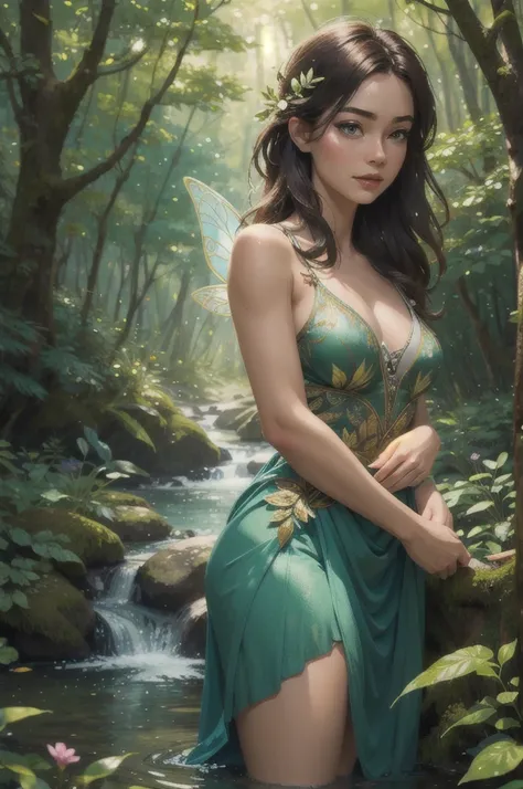 (masterpiece, best quality), photo of a woman, realistic, beautiful, forest, fairy, bokeh, stream, vibrant lighting